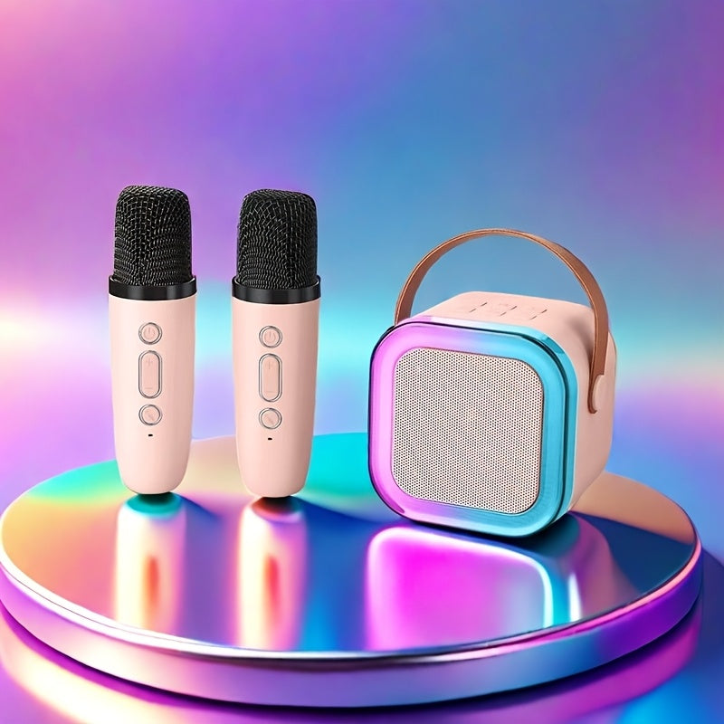 Ikki simsiz mikrofon va rangli chiroqlar bilan jihozlangan portativ karaoke dinamik, oilaviy tug'ilgan kunlar va ochiq havoda sayohatlar uchun ideal.