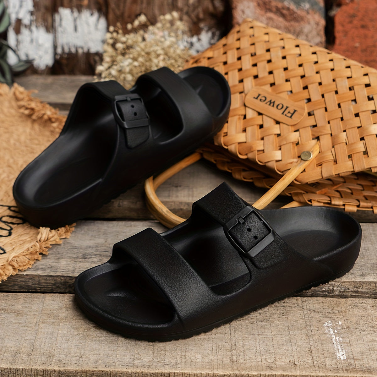 Ayollar uchun qora EVA sandallar, tekis, osongina kiyinadigan, plyaj, basseyn va kundalik foydalanish uchun oyoq kiyim