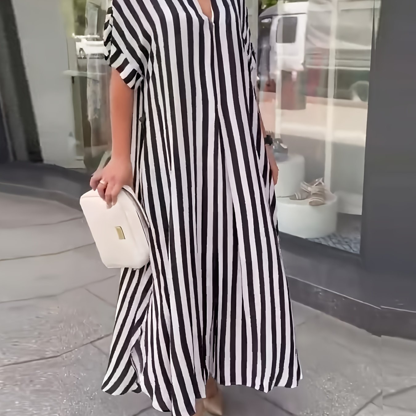 Plus Size Striped Longline Dress with Short Sleeves Notched Neck for Spring Summer Women