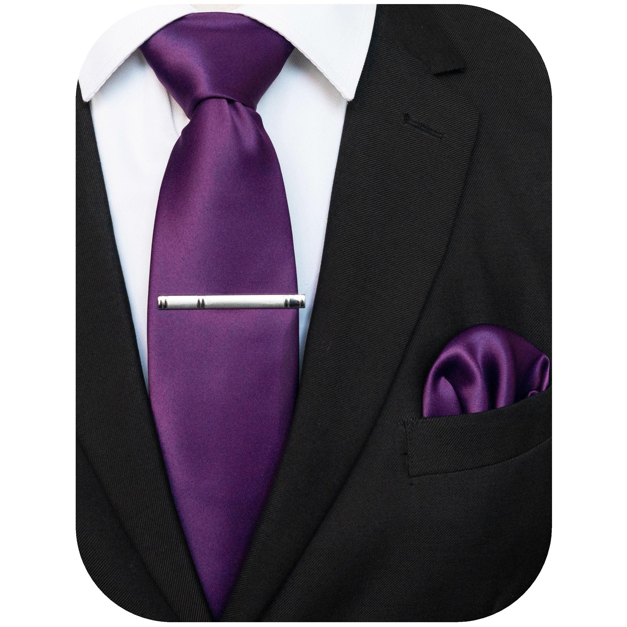 Men's Solid Color Tie and Pocket Square Set with Tie Clip for Business and Wedding