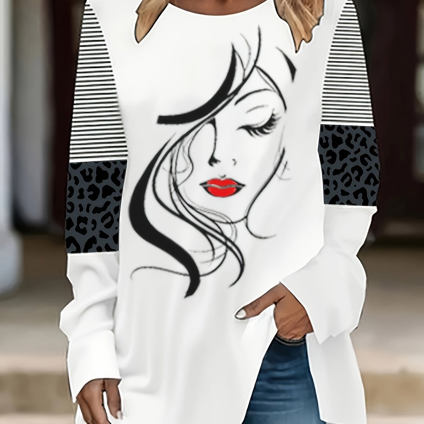 Plus Size Women's Cotton Long Sleeve T-Shirt Heart and Zebra Print White Black Brown