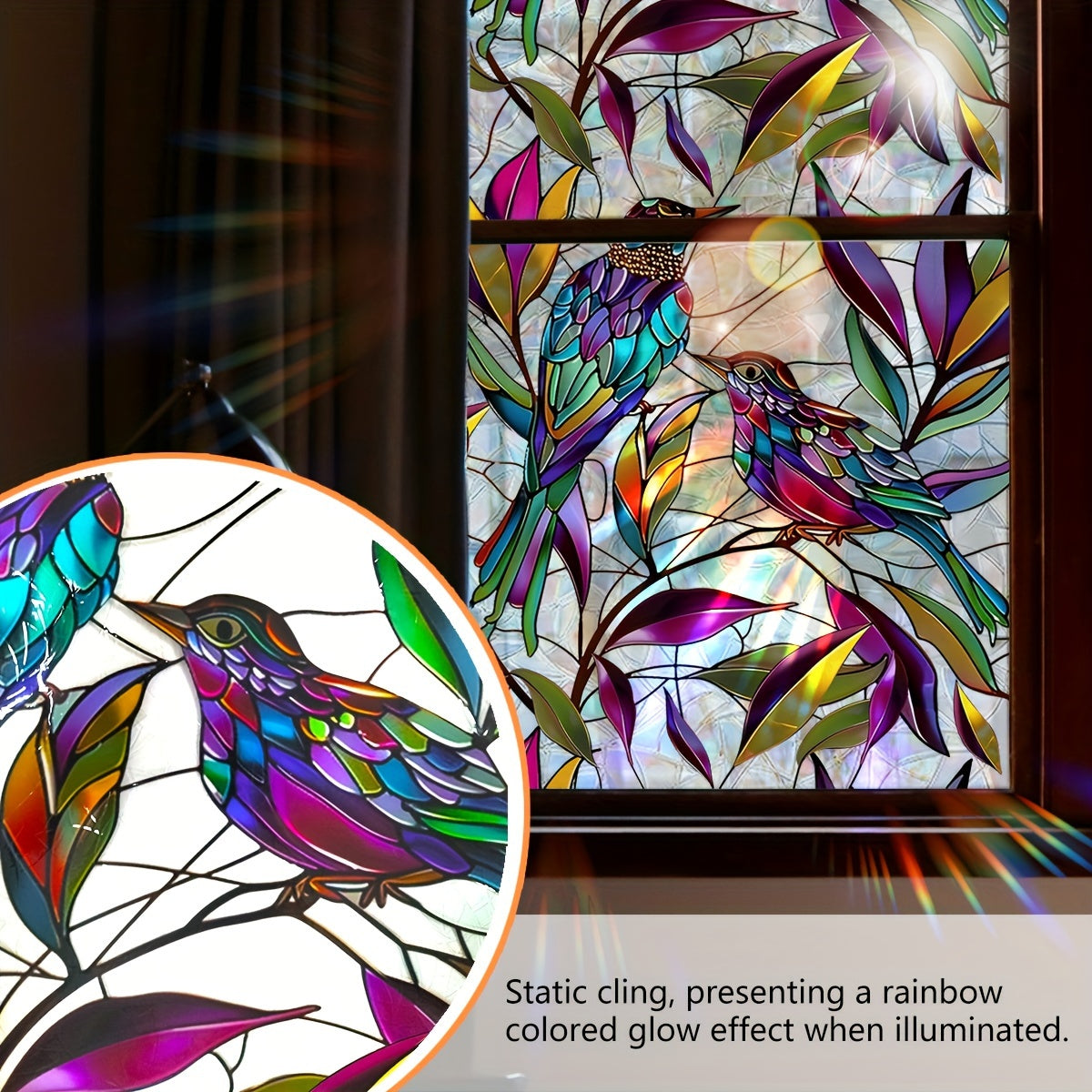 Rang-barang qush va o'simliklar quyosh nuri deraza dekali 45.72cm x 99.06cm qayta ishlatiladigan PVC