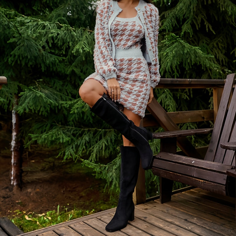 Women Knee High Boots Black Fabric Pointed Toe Mid Heel Dress Shoes