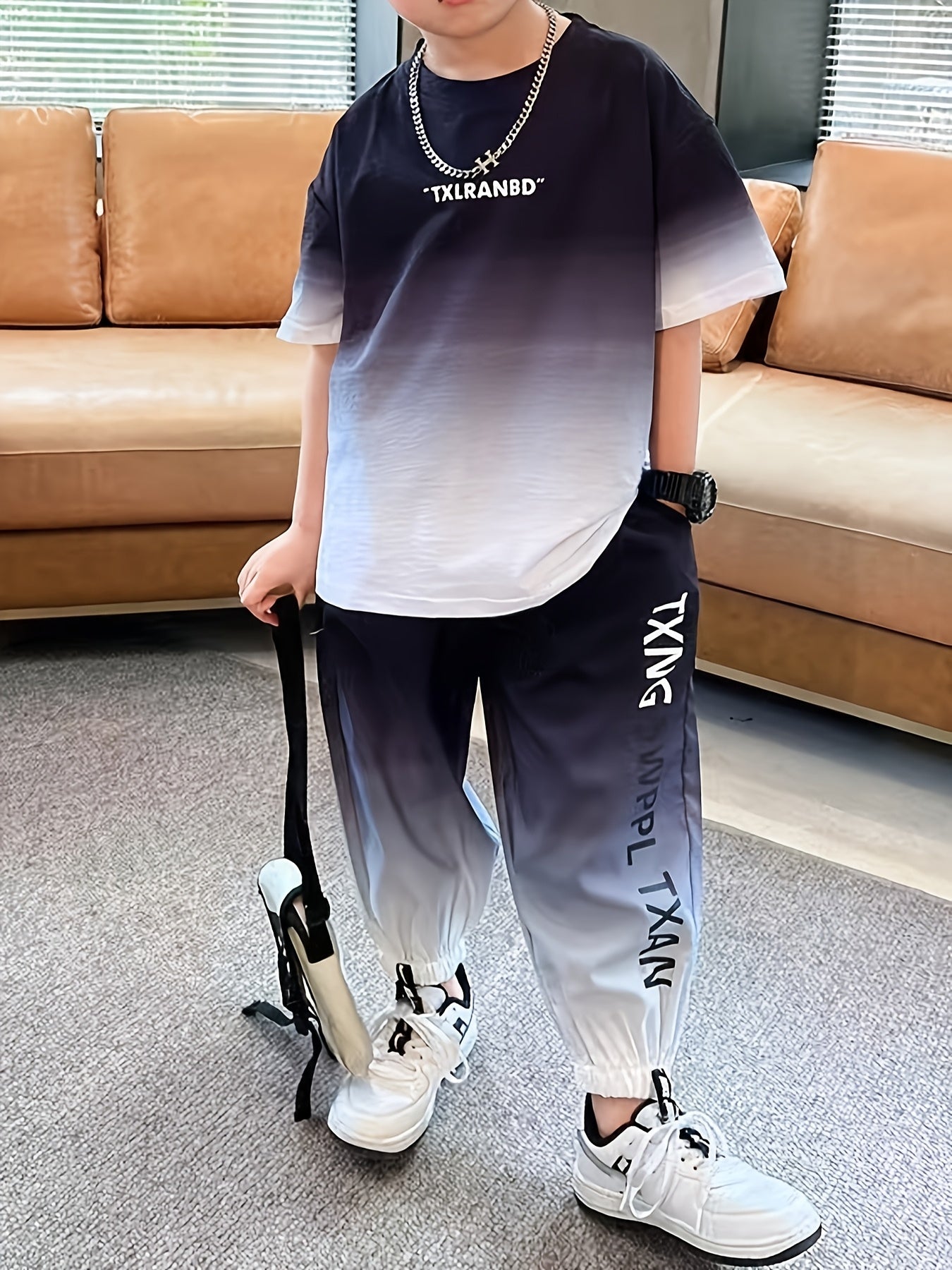 Boys Summer Sports Set with Printed T-Shirt and Cuffed Pants for Outdoor Activities