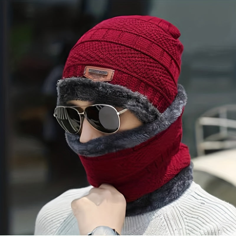 Men's Winter Outdoor Plaid Knitted Pullover Hat with Plush Thickened Scarf