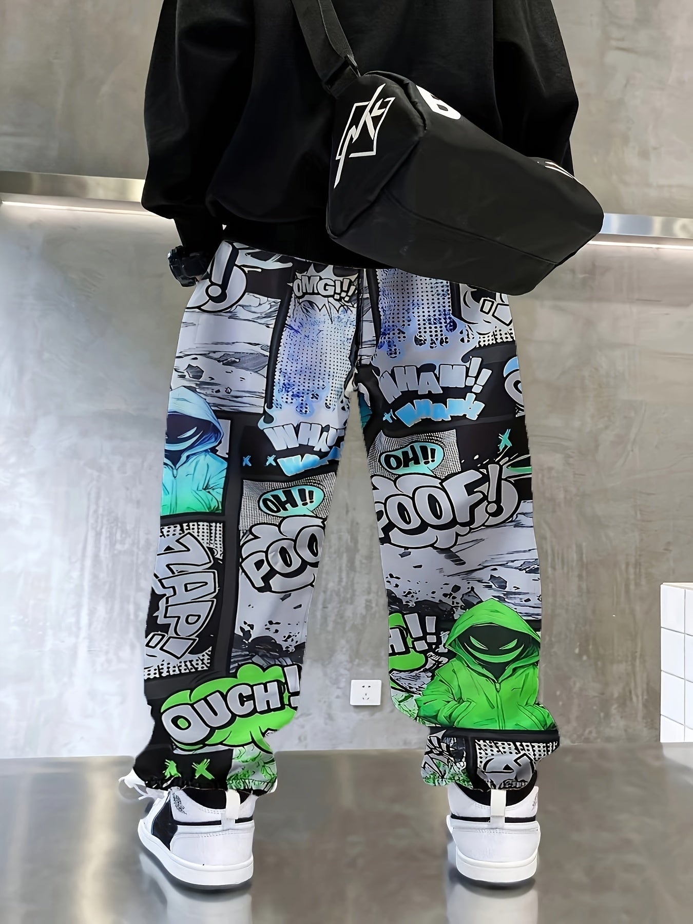 Boys Joggers with Graffiti Ink Splash Print Elastic Waist Casual Sportswear