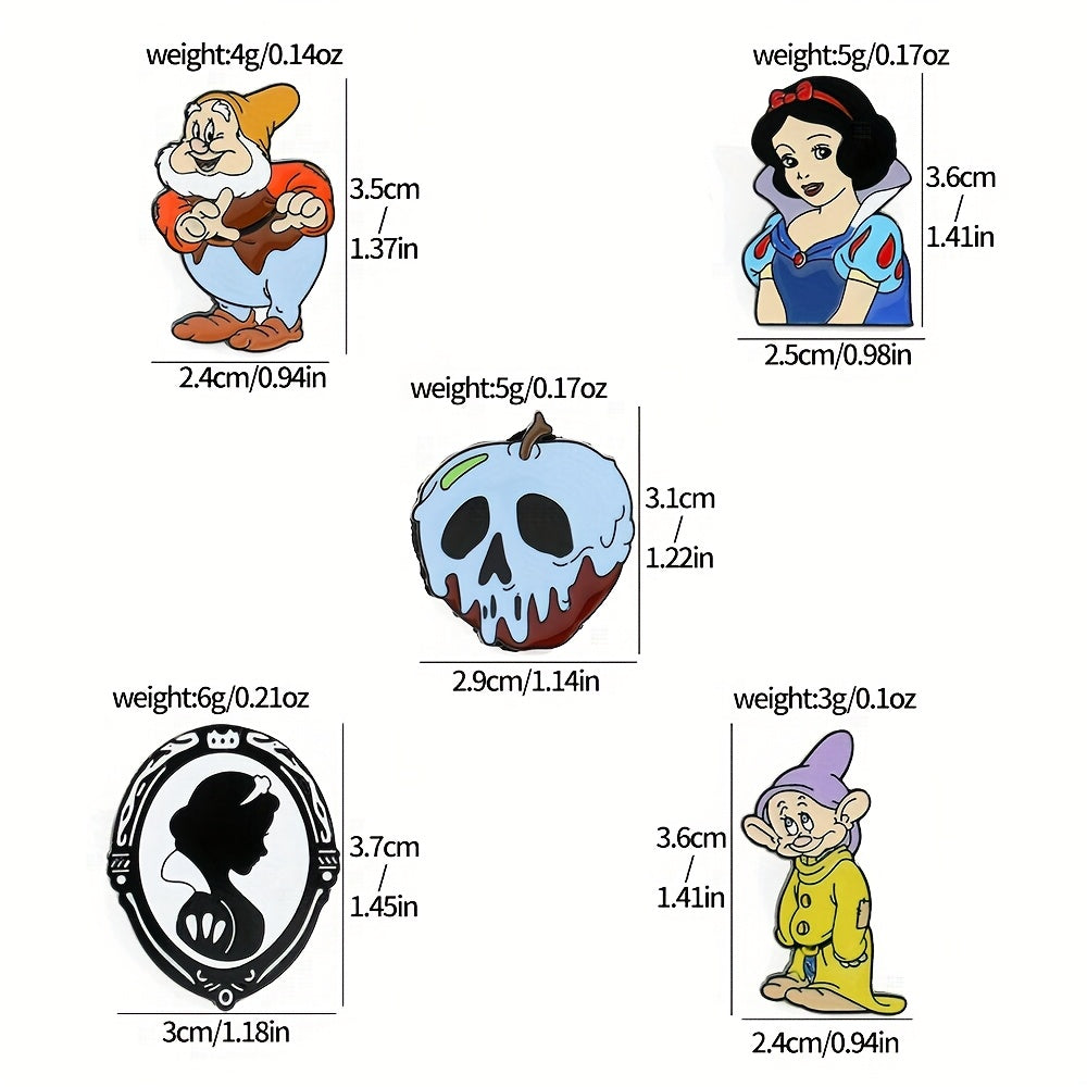 Set of 5 Enamel Pins Snow White and Dwarfs Brooches Alloy Metal for Clothing and Backpacks