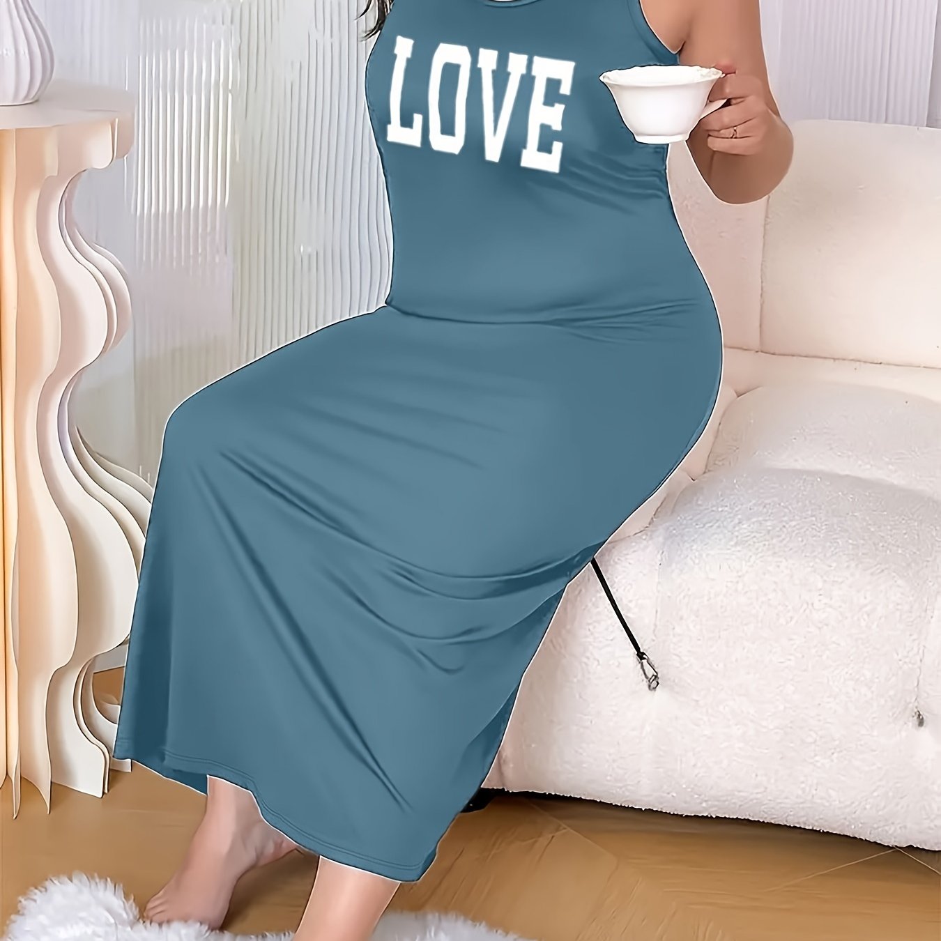 Plus Size Sleeveless Nightgown Maroon Love Letter Print Sleepwear for Women