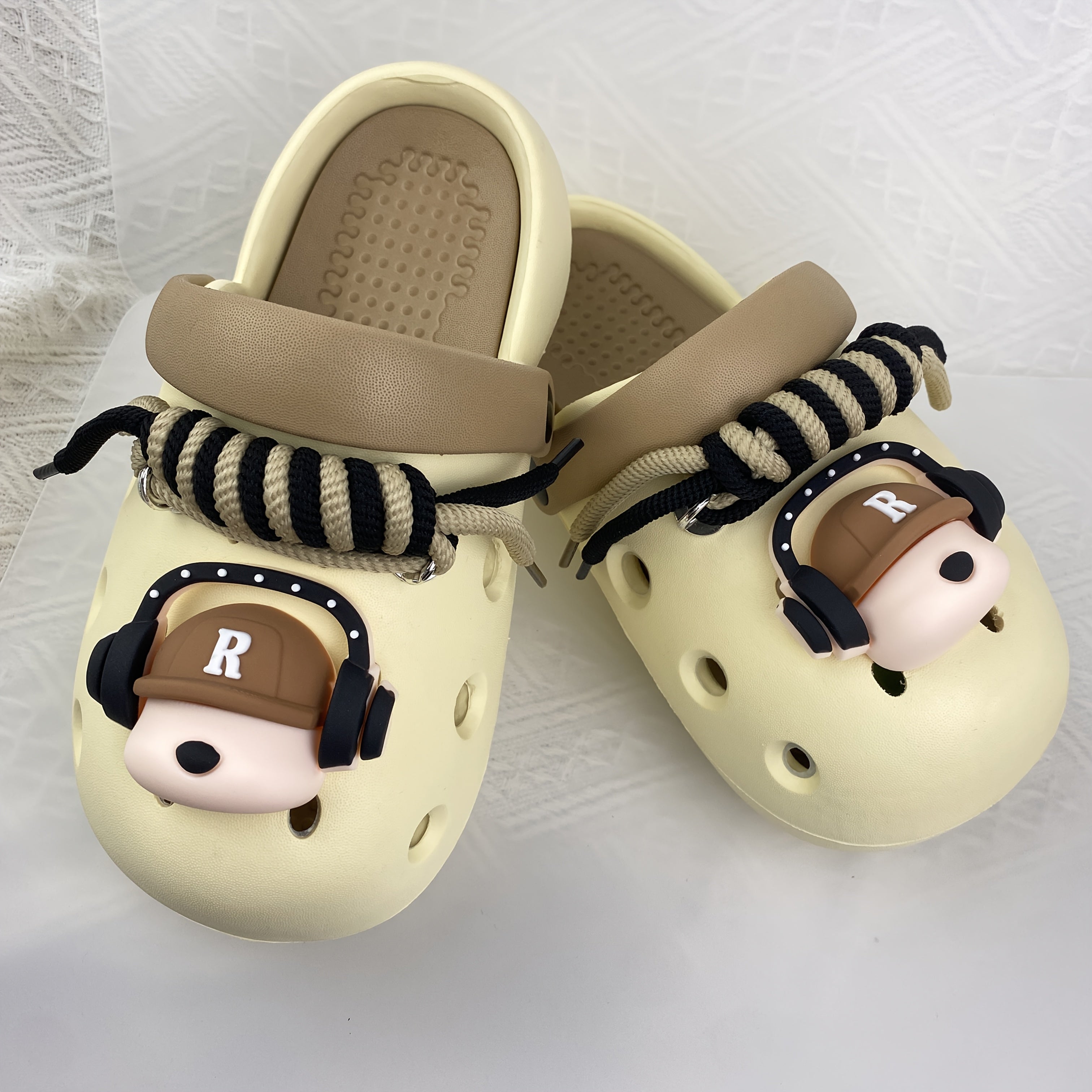 Women's Beige Clog Shoes with Dog Ear Headphones Design Comfort Casual