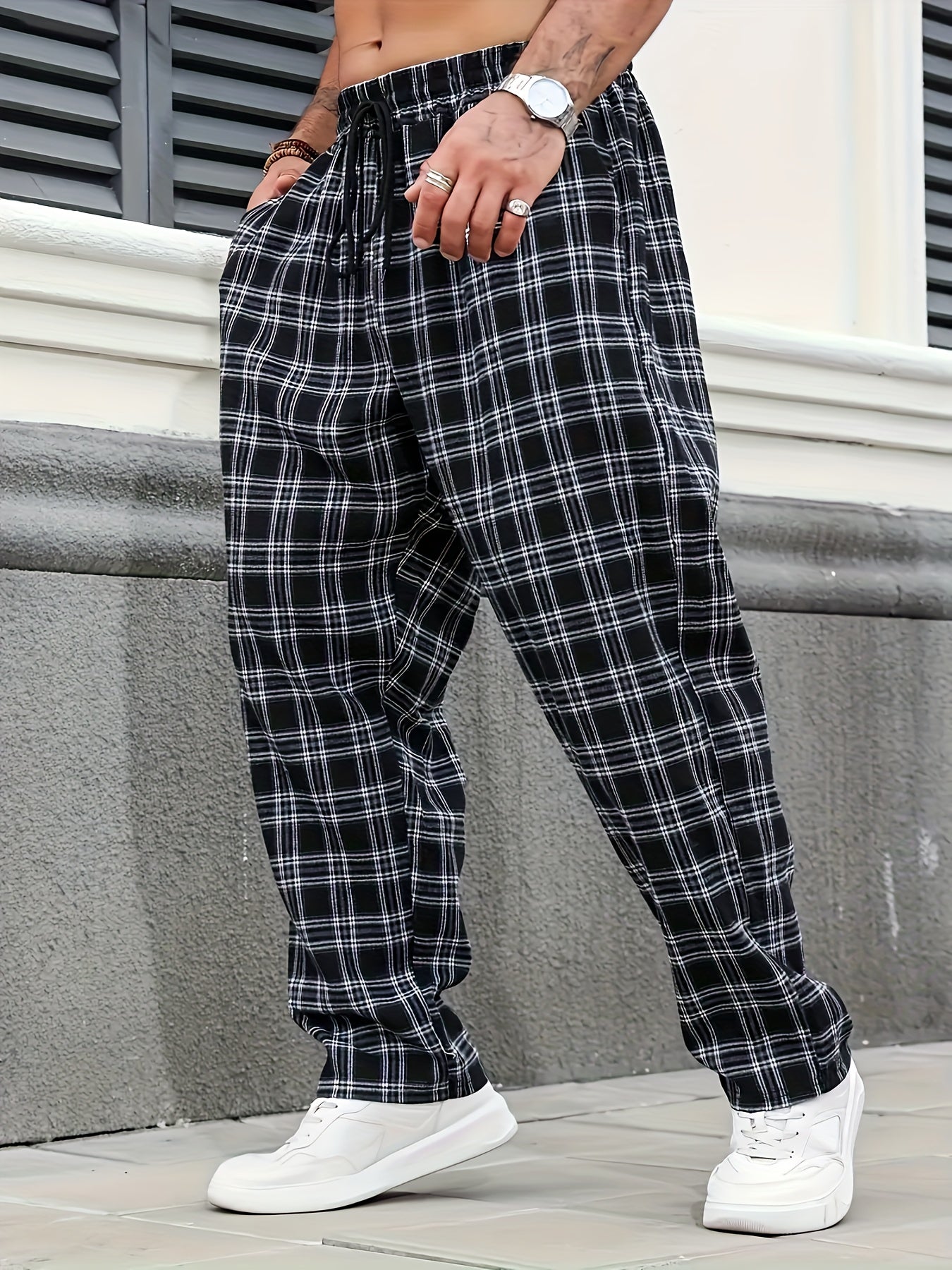 Men's Black and White Plaid Casual Pants Polyester Non-Stretch Drawstring Plus Size