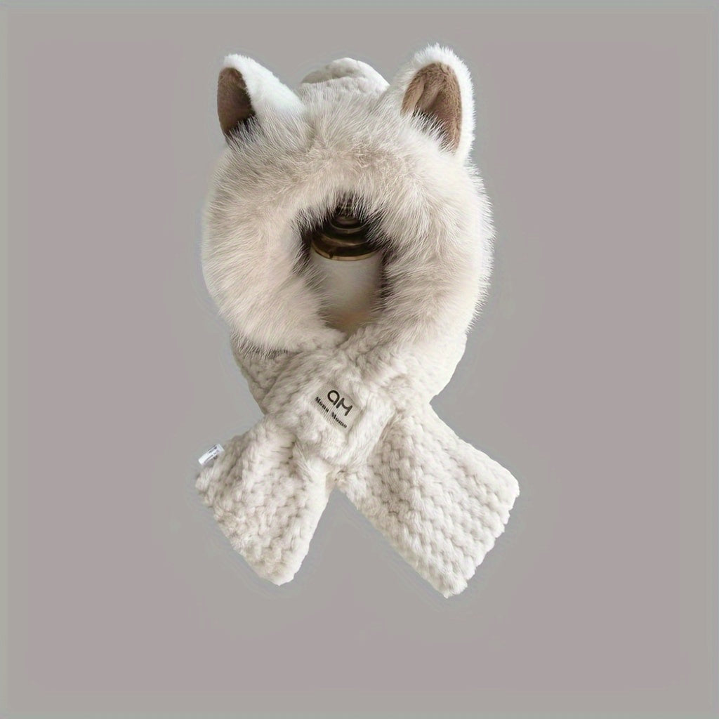 Plush Fox Ear Hat Scarf with Thick Neck Gaiter Winter Warmth Ear Protection