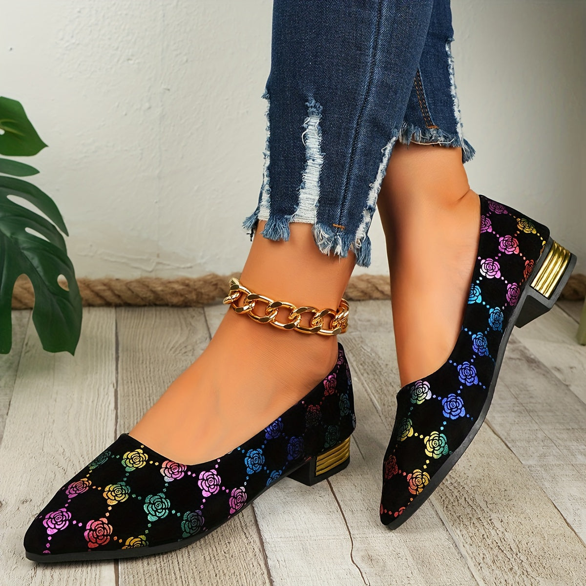 Women's Floral Pattern Mary Jane Flats Slip-On Pointed Toe Lightweight Shoes