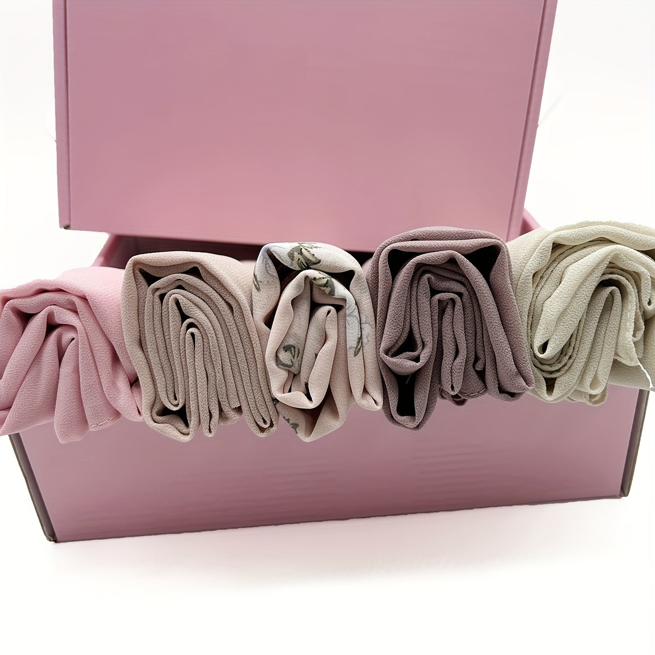 Boxed Muslim Headscarves Set with 5 Chiffon Solid and Printed Scarves and Clips