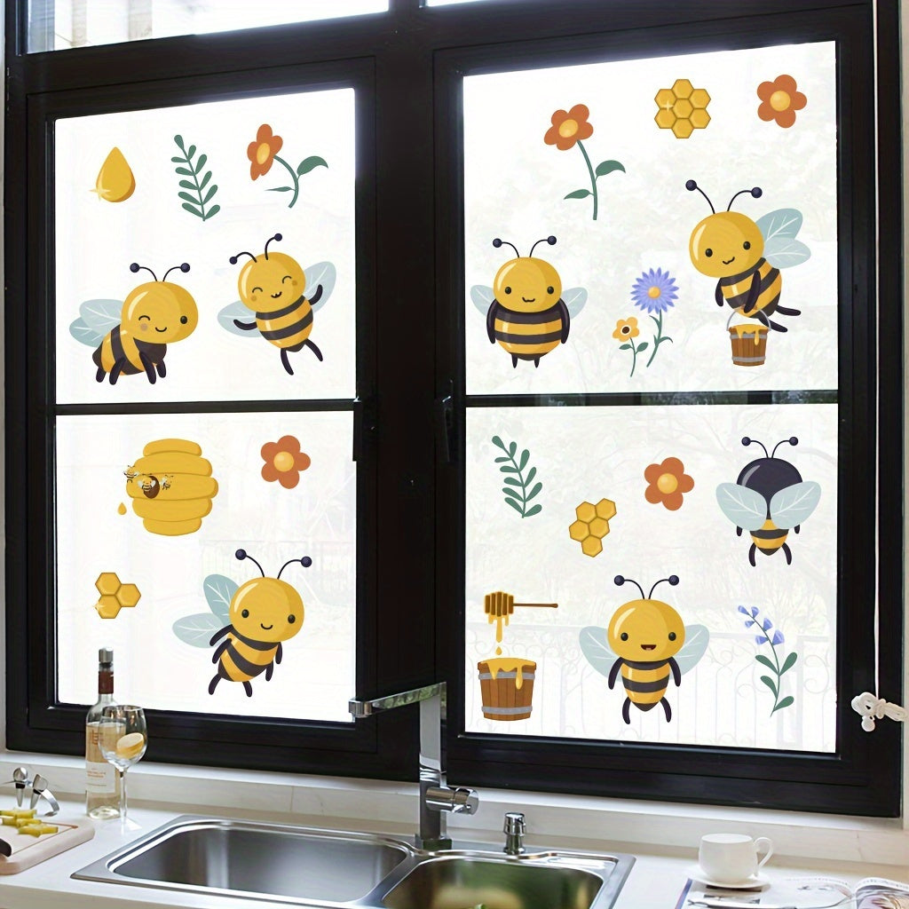 Set of 2 Cartoon Bee and Flower Window Stickers, Reusable, 29.97cm x 20.07cm