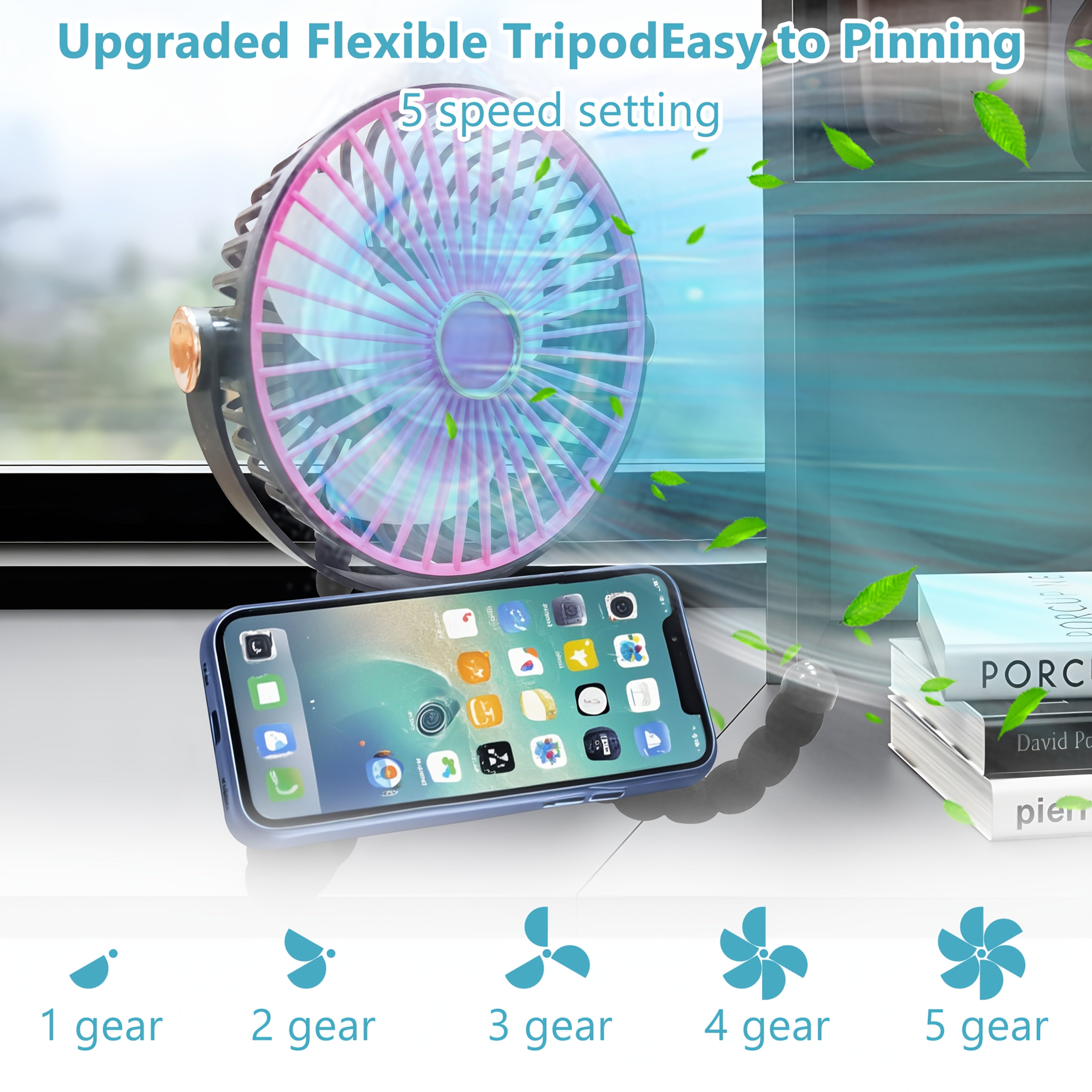 Portable Handheld Fan with Adjustable Tripod, 5-Speed, USB Rechargeable, Compact Folding Design