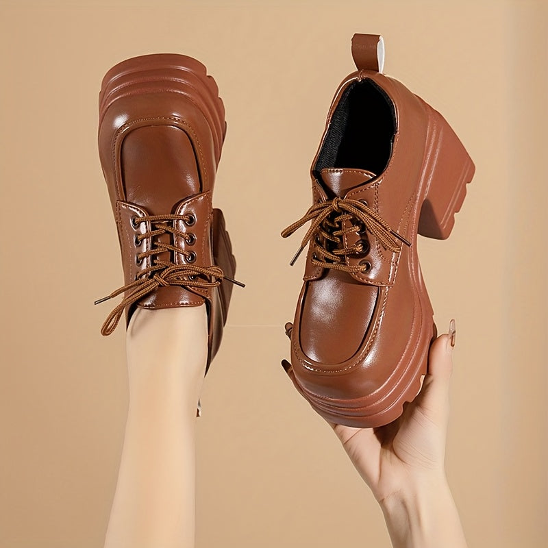 Women's Chunky Heel Lace-Up High Heels Brown Synthetic Rubber Sole