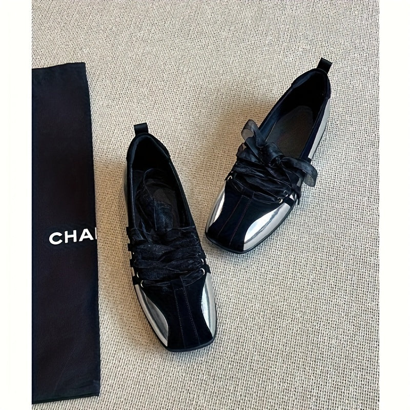 Women's Vintage Leather Ballet Flats Casual Color Block Shoes