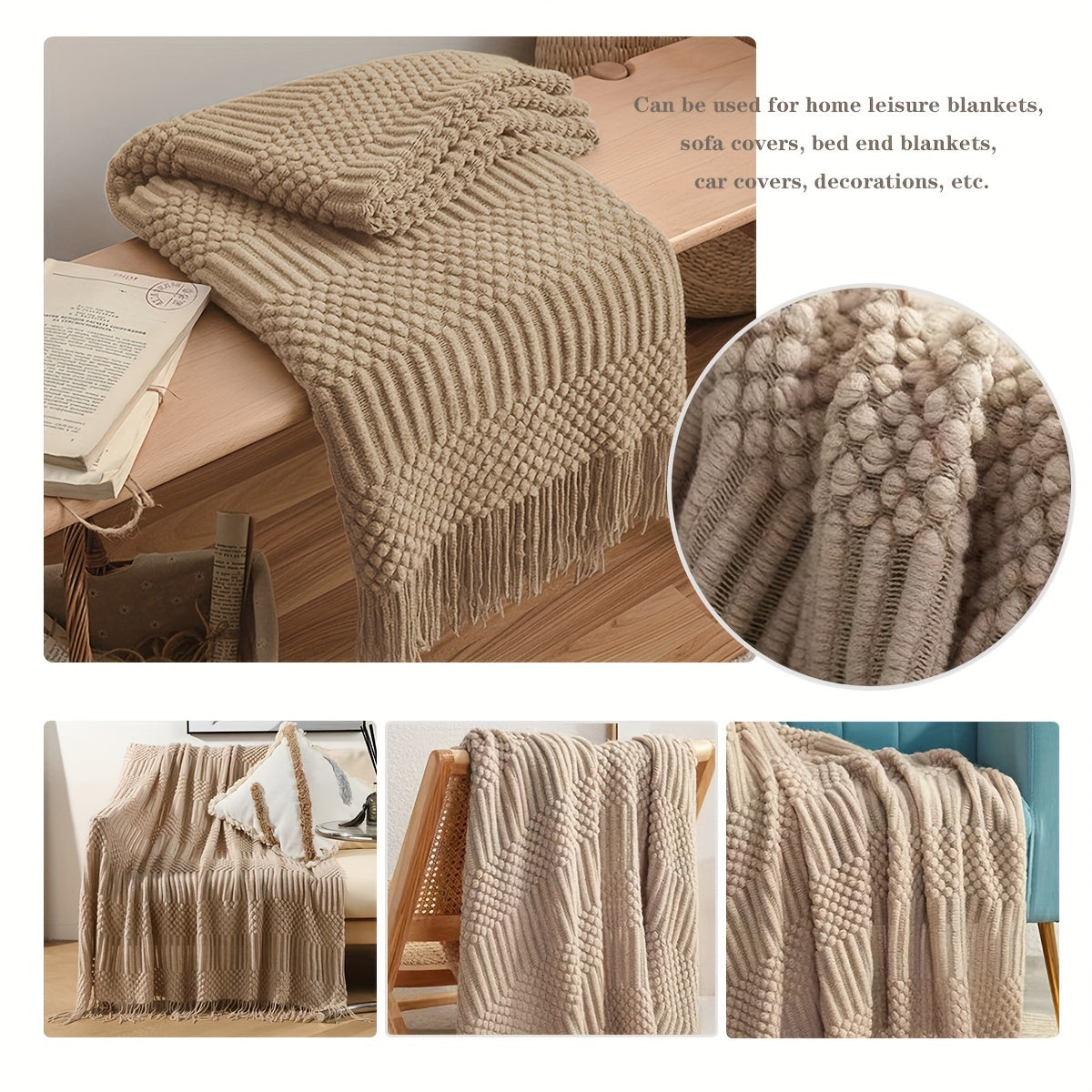 Warm Knitted Throw Blanket for Sofa Bed Car All Seasons with Tassels