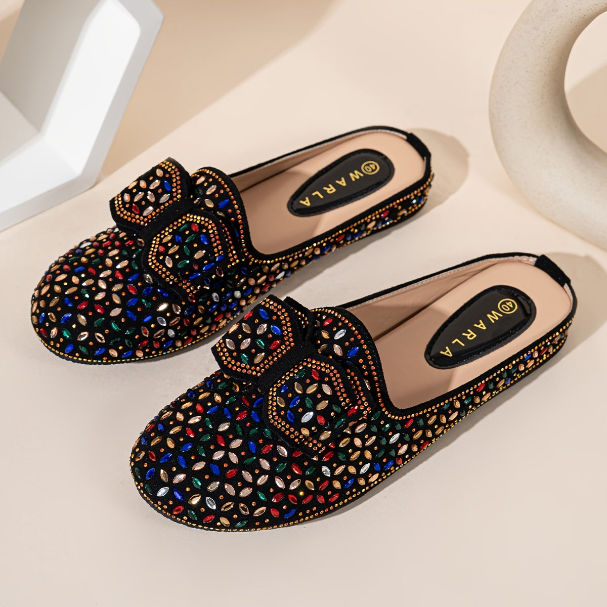 Women's Vintage Rhinestone Bowknot Mules Black Fabric Flats All-Season