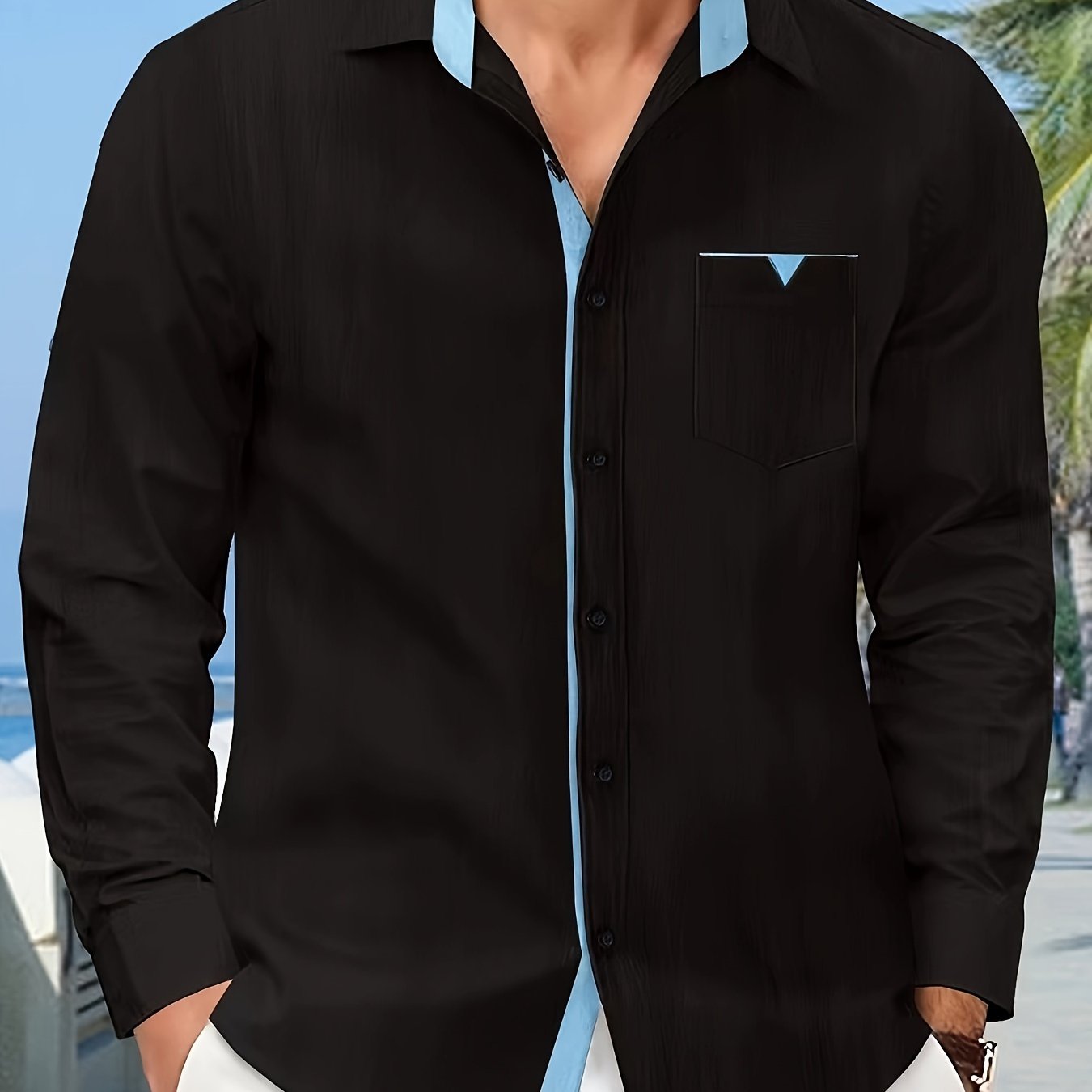 Men's Cotton Linen Patchwork Dress Shirt with Lapel Collar for Formal Events