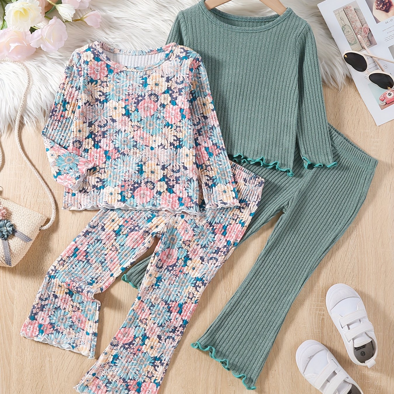 Conjunto de ropa de punto para niñas con bordes con volantes en poliéster negro y rojo para primavera y otoño