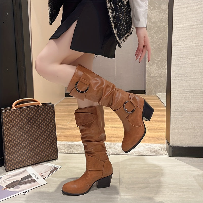 Women's Solid Color Casual Buckle Heel Round Toe Boots
