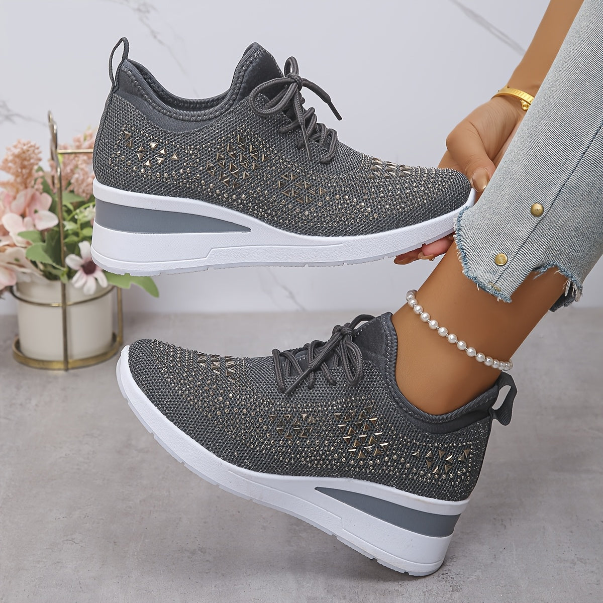 Women's Rhinestone Sneakers Black Casual Low-Top Lace-Up Comfort Footwear