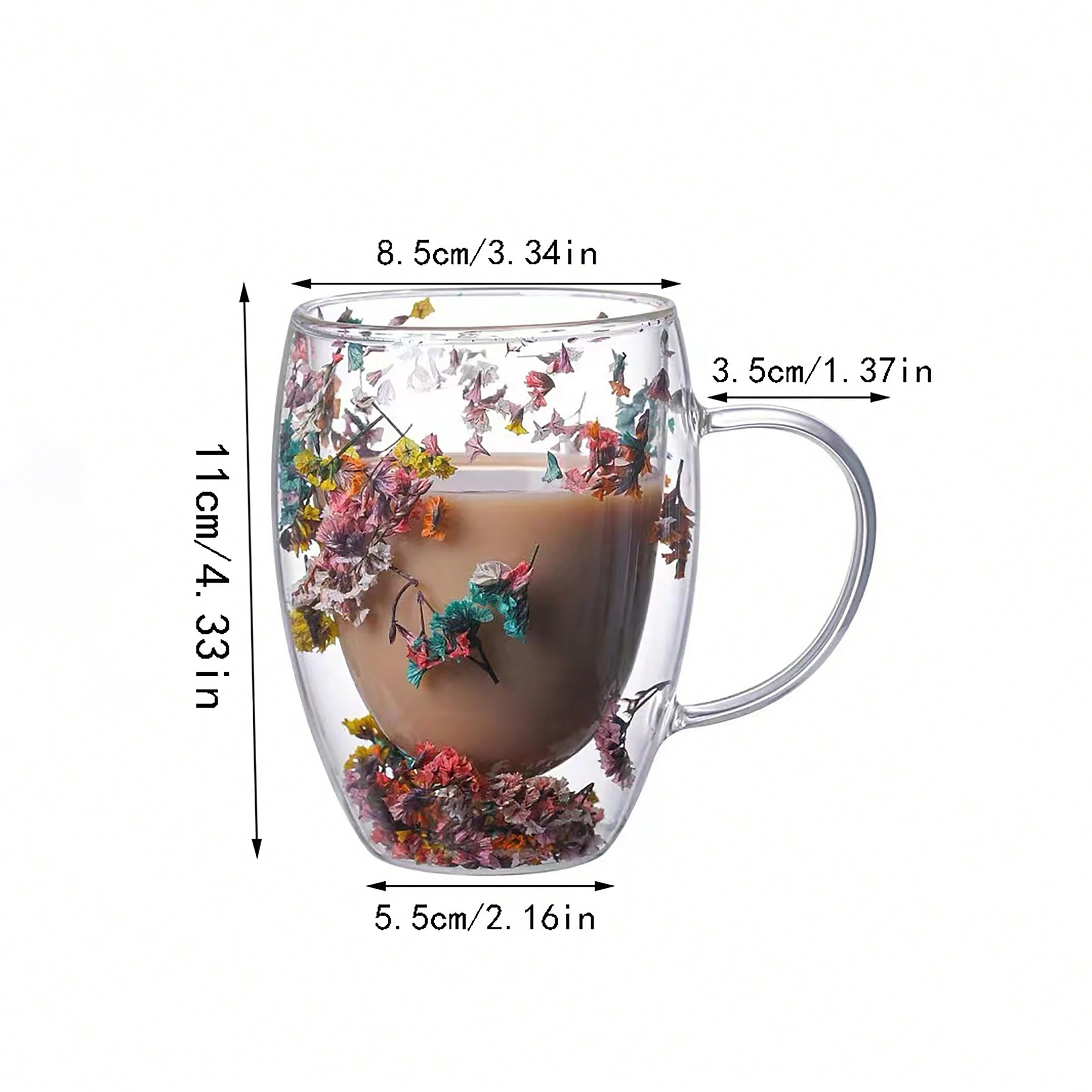 Taza de café de vidrio con flores secas, taza de doble pared para espresso y bebidas calientes