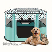Foldable Turquoise Pet Playpen for Large Dogs Cats Portable Mesh Windows Geometric Roof