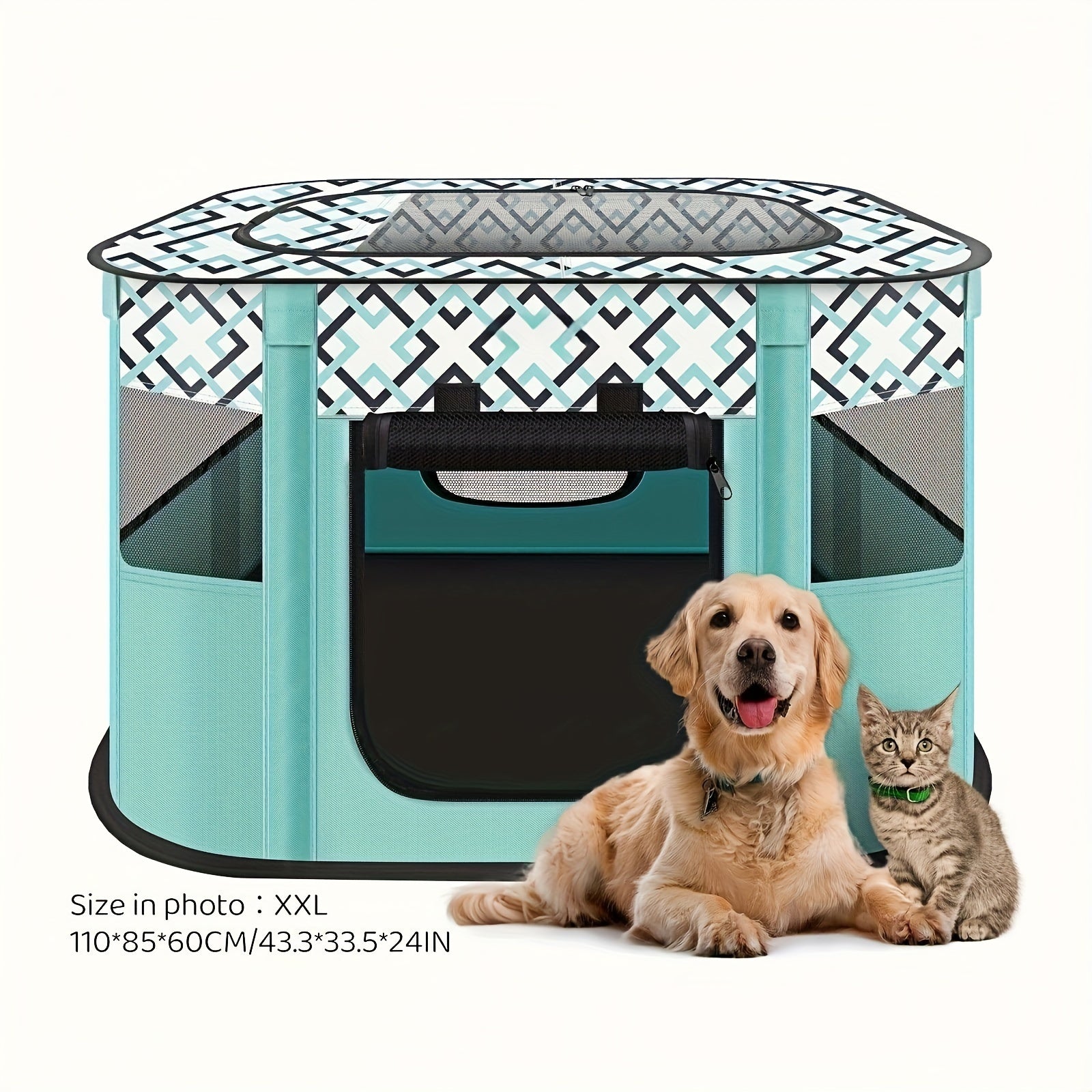 Foldable Turquoise Pet Playpen for Large Dogs Cats Portable Mesh Windows Geometric Roof