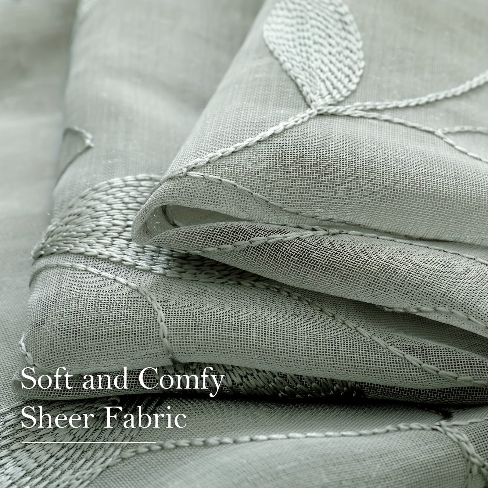 Two Pieces Sheer Curtains with Embroidered Leaf Pattern, Rod Pocket, Polyester, for Bedroom Living Room Kitchen