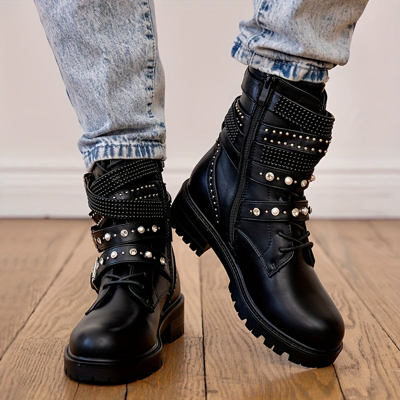 Women's Gothic Punk Motorcycle Boots Faux Leather Chain Zipper Black Chunky Platform