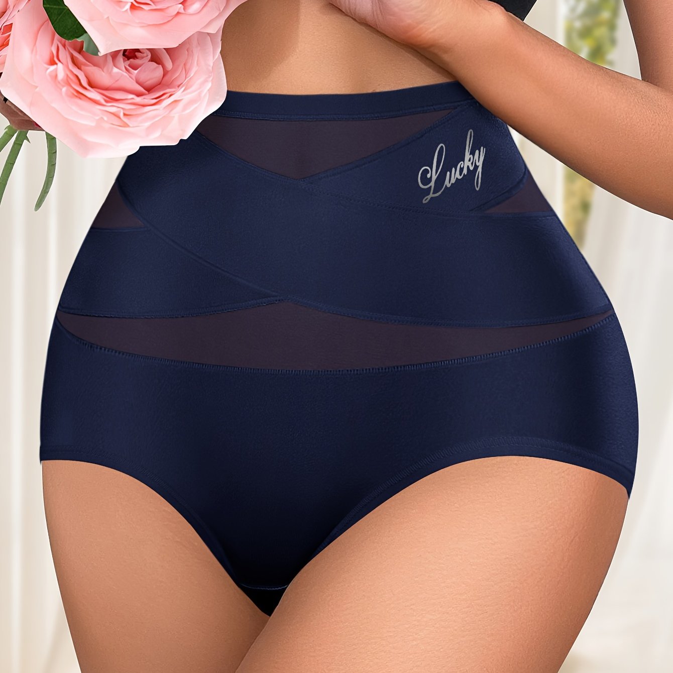 Women's Seamless High Waist Briefs with Letter Print and Cross Strape Support