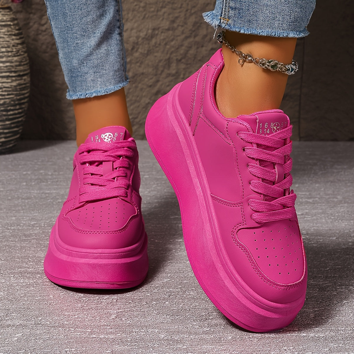 Women's Pink Chunky Sneakers All-Season Lace-Up Casual Sports Shoes