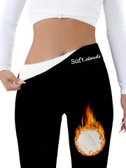 Women's Fleece-Lined Leggings with Embroidery and Flame Detail for Fall Winter