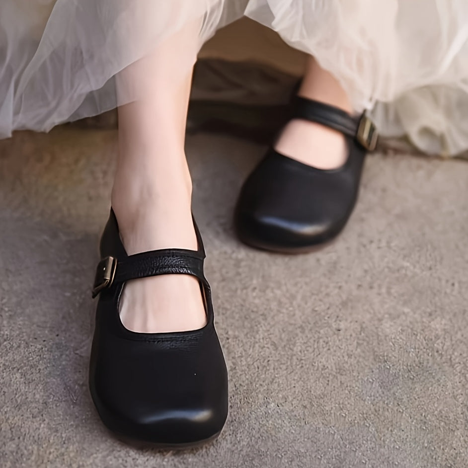 Women's Leather Mary Jane Flats Casual Shoes Adjustable Strap Lightweight