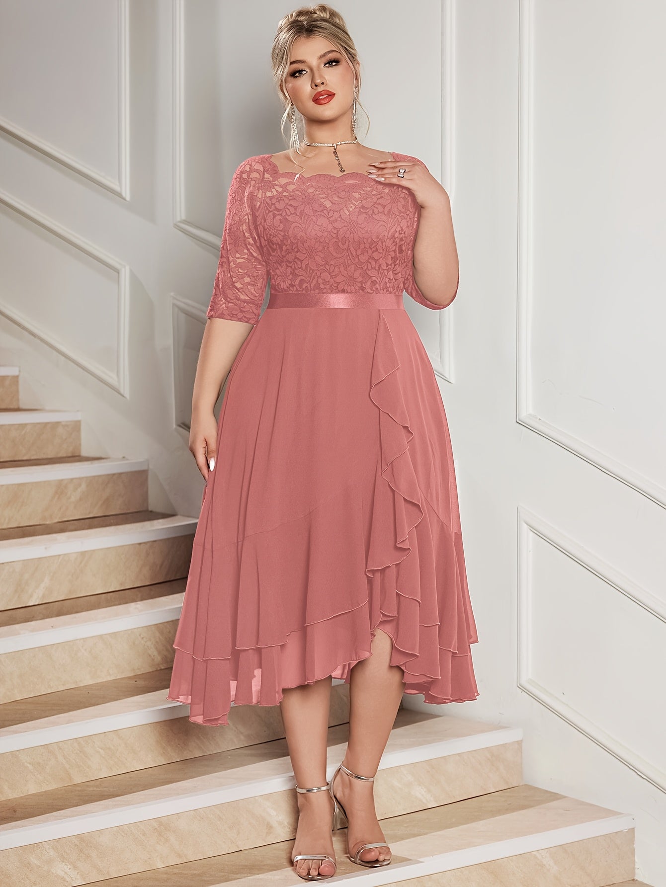 Plus Size Off Shoulder Lace Chiffon Midi Dress Ruffle Sleeve Wedding Party