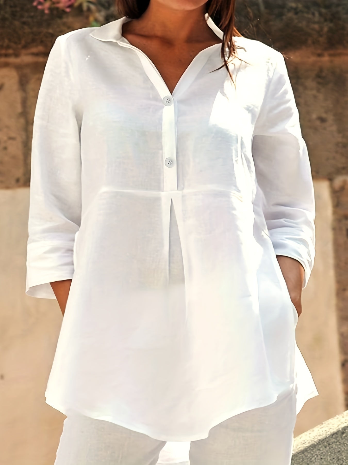 Plus Size Women's Casual Button-Up Shirt Polyester Solid Long Sleeve