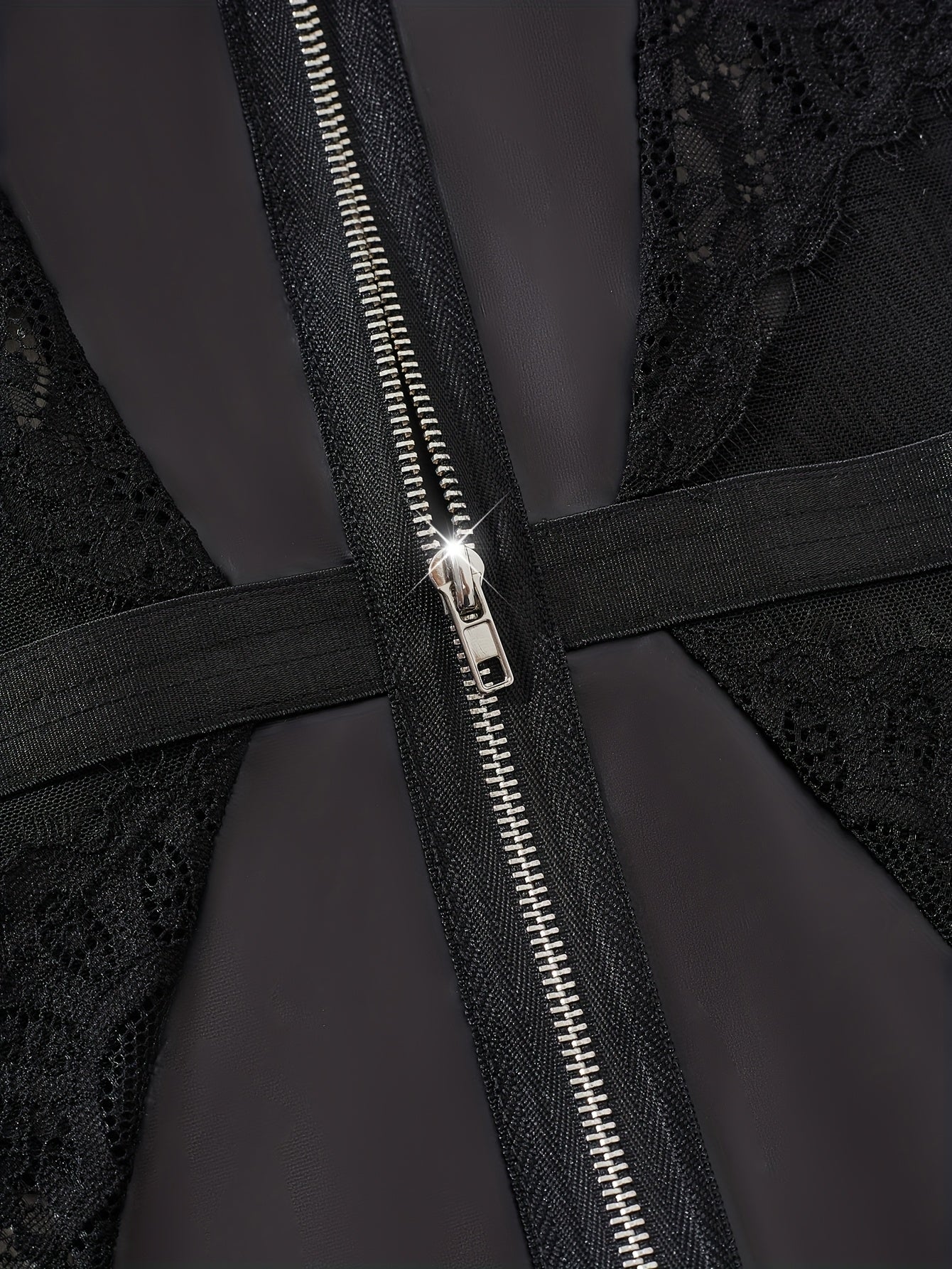 Women's Lace-Trimmed PU Bodysuit Backless Stretchy Non-Transparent