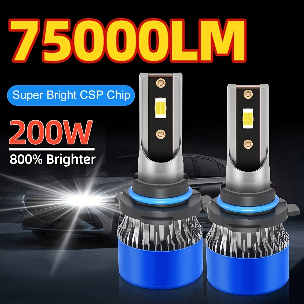 2pcs LED Car Headlights 6000K White 75000LM 200W High Low Beam Fog Lights