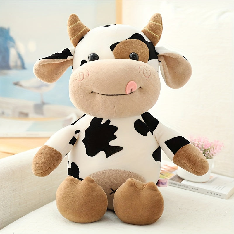 Cartoon Cow Plush Toy for All Ages Soft Polyester Brown White Cuddle Gift