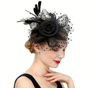 Black Yarn Pillbox Fascinator Hat with Mesh Veil and Fiber Feather for Women