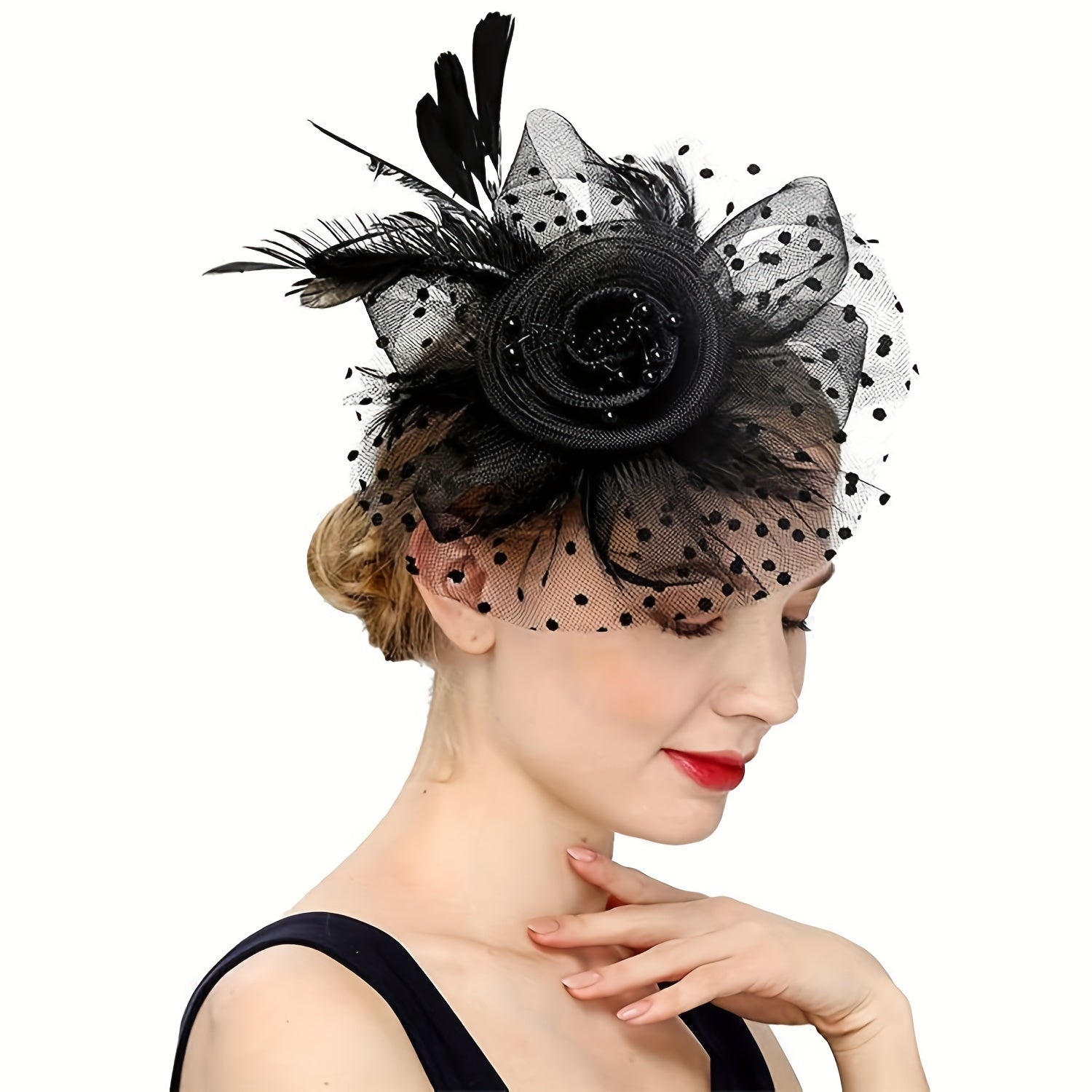 Black Yarn Pillbox Fascinator Hat with Mesh Veil and Fiber Feather for Women