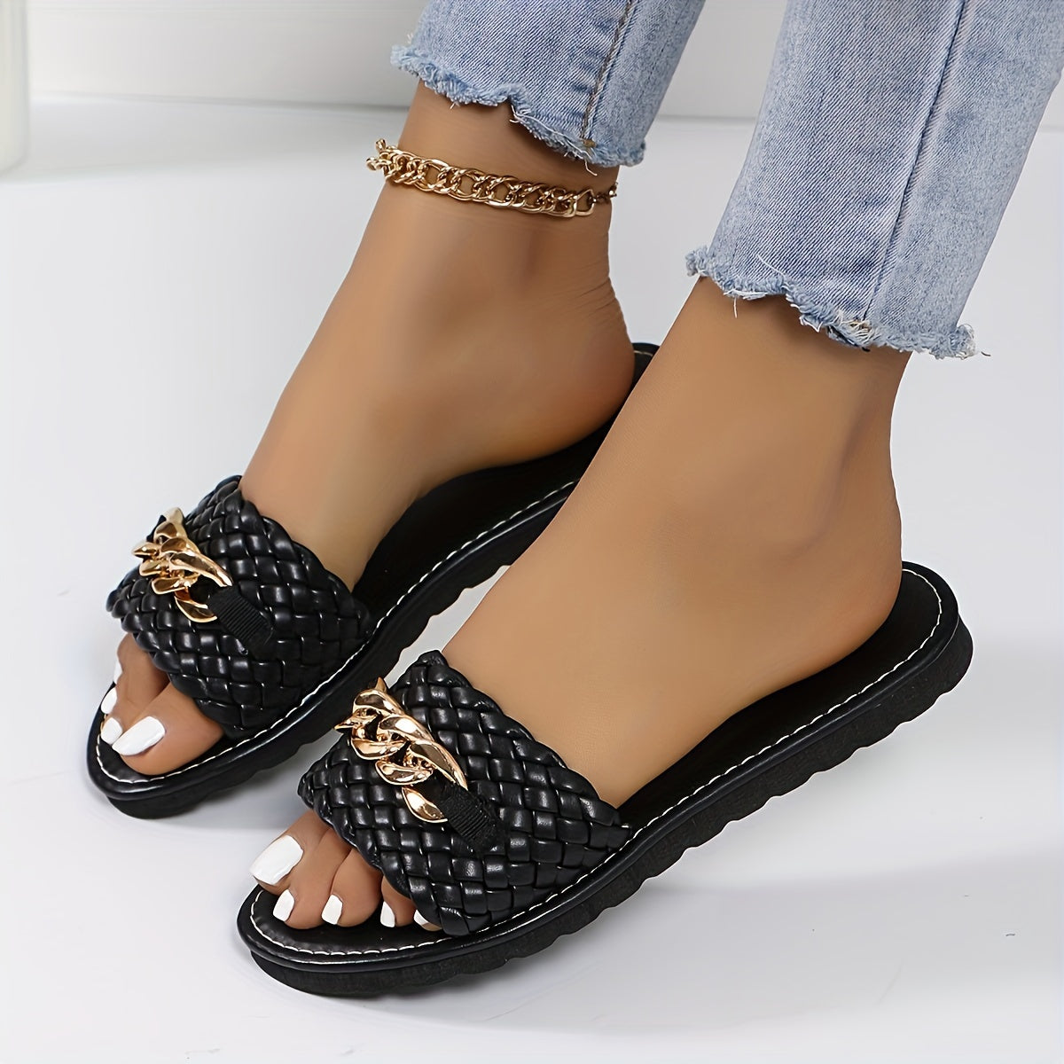 Women's Leather Slide Sandals With Chain Decor Open Toe Summer Flats