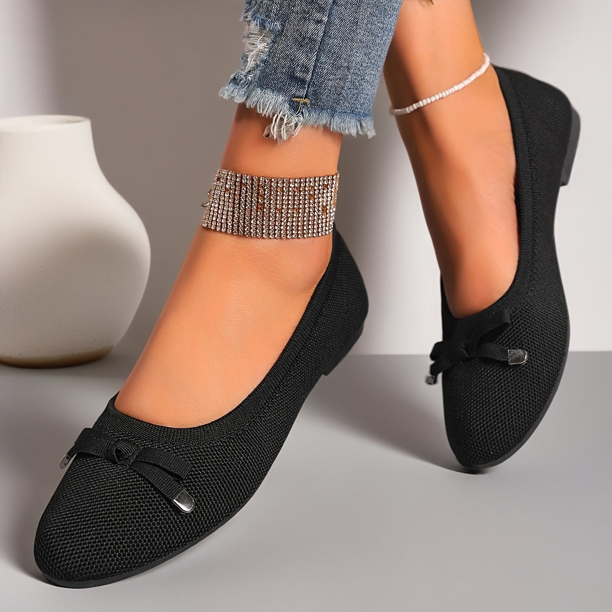 Women’s Casual Ballet Flats Soft Knit Fabric Round Toe Slip-Ons