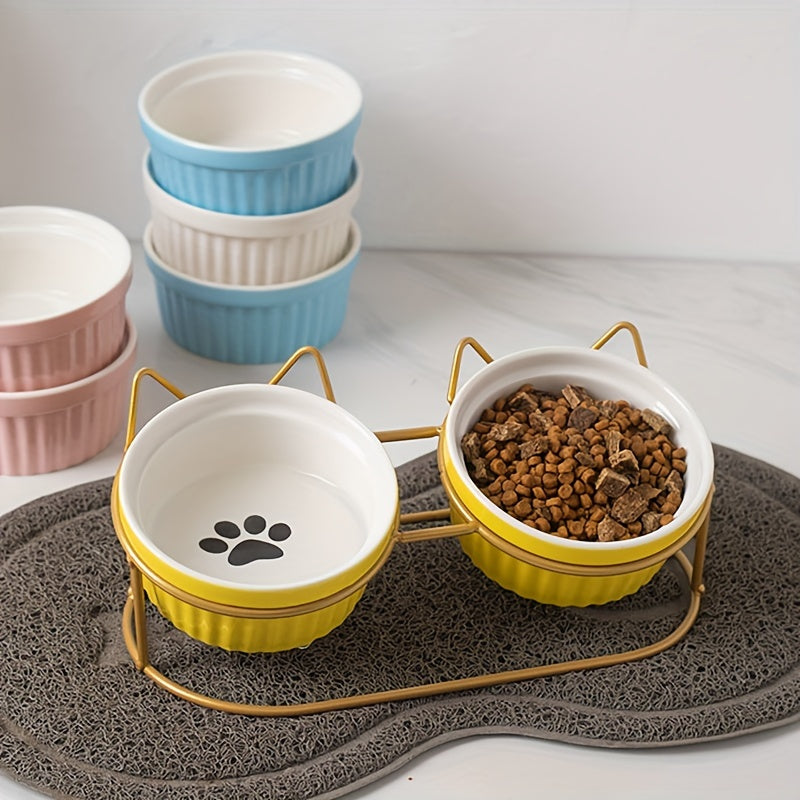 Non-Slip Ceramic Cat Food and Water Bowls with Iron Bracket Elevated and Tilted Design
