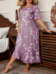 Plus Size Women's Floral Print Long Sleeve Sleep Dress with Pockets
