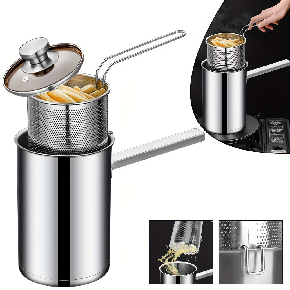 304 Stainless Steel Deep Fryer Pot with Strainer Basket and Foldable Handle
