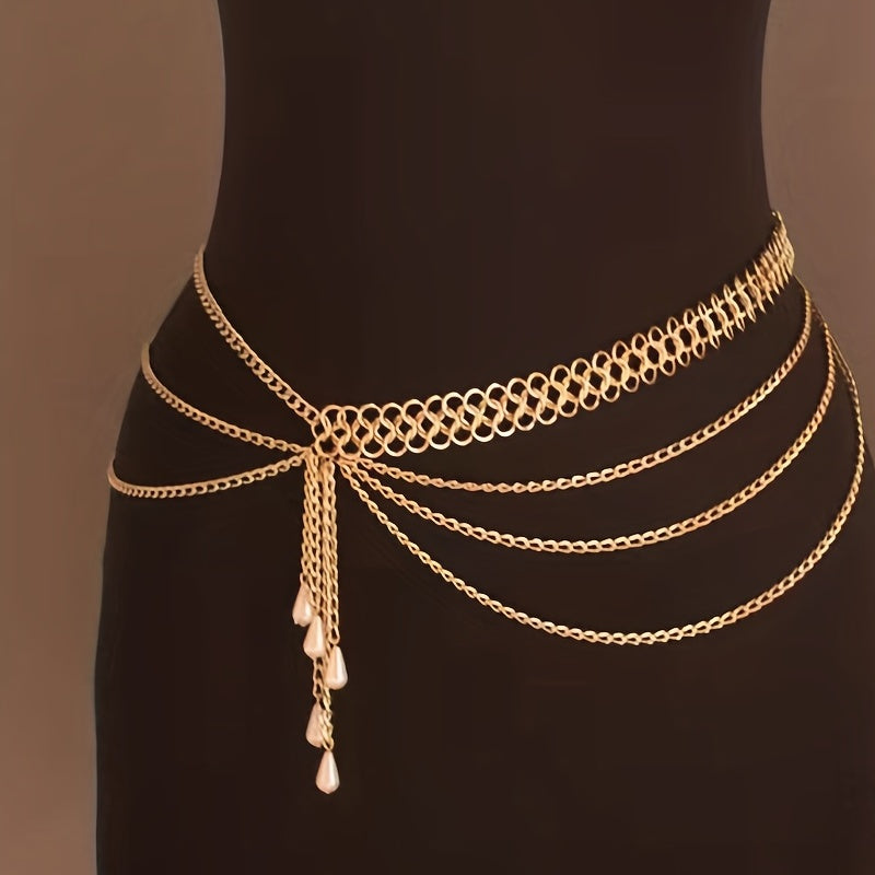 Women Vintage Geometric Faux Pearl Fringe Chain Belt Boho Waist Girdle Gold