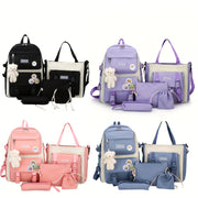 Women's Oxford Fabric Campus Backpack Set with Badge Pendant in Multiple Colors